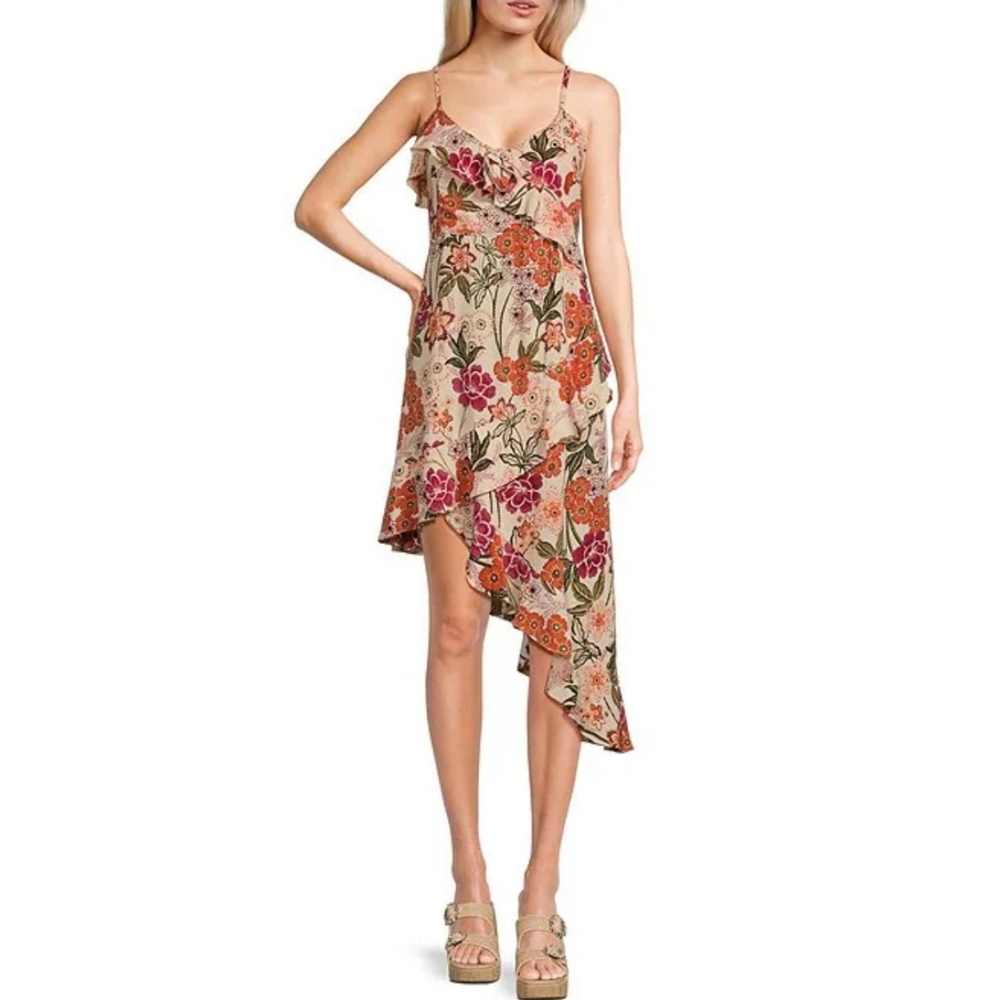 EUC Angie Sleeveless Floral Print Rosette Trim Bodice Asymmetrical Hem Dress